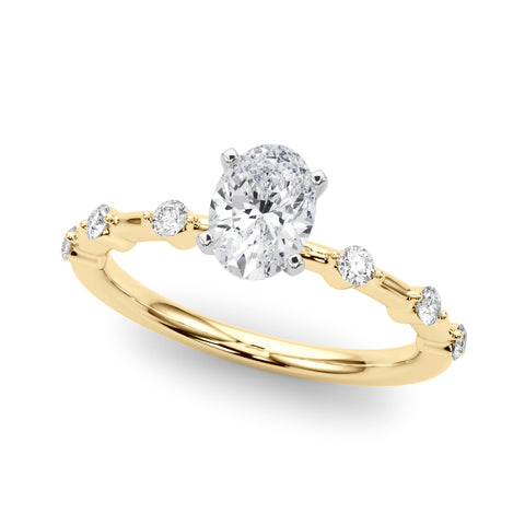 Yellow gold Oval Solitaire Diamond Ring with Bezel Set Side Stones and Prong Setting