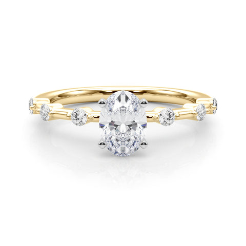 Yellow gold Oval Solitaire Diamond Ring with Bezel Set Side Stones and Prong Setting