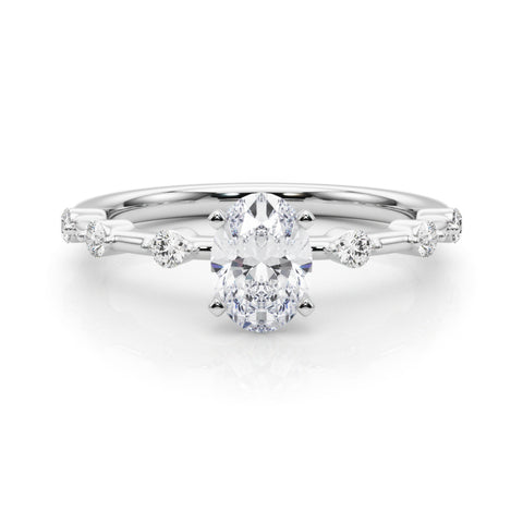 White gold Oval Solitaire Diamond Ring with Bezel Set Side Stones and Prong Setting