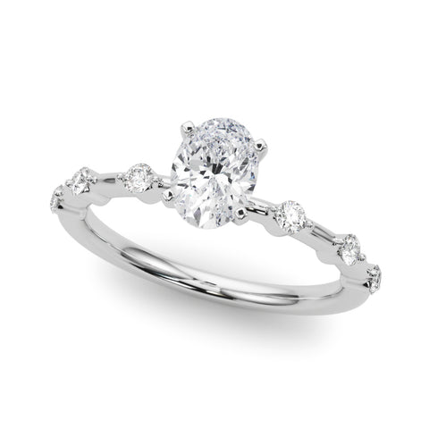 White gold Oval Solitaire Diamond Ring with Bezel Set Side Stones and Prong Setting