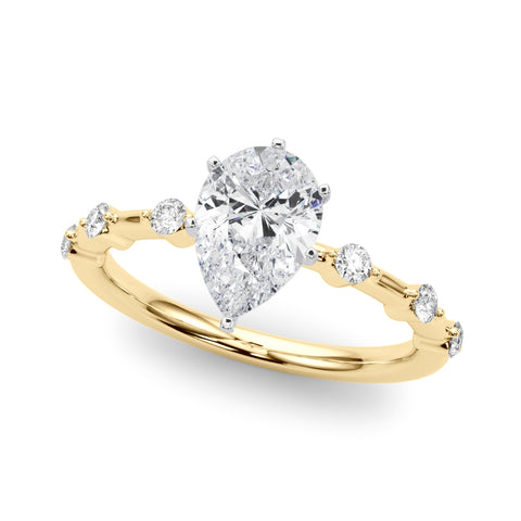 Yellow gold Pear Solitaire Diamond Ring with Bezel Set Side Stones and Prong Setting