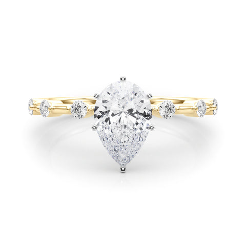 Yellow gold Pear Solitaire Diamond Ring with Bezel Set Side Stones and Prong Setting