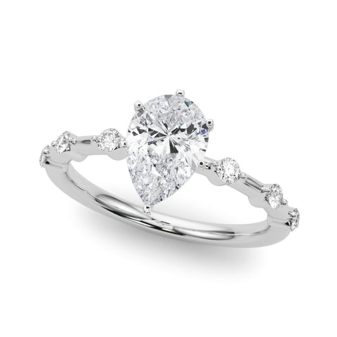 White gold Pear Solitaire Diamond Ring with Bezel Set Side Stones and Prong Setting