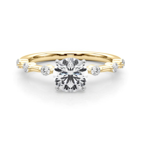 Yellow gold Round Solitaire Diamond Ring with Bezel Set Side Stones and Prong Setting