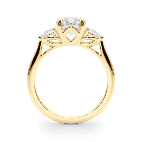 Yellow gold Three-Stone Round Brilliant Diamond Solitaire Ring with Tapered Band and Four-Prong Setting