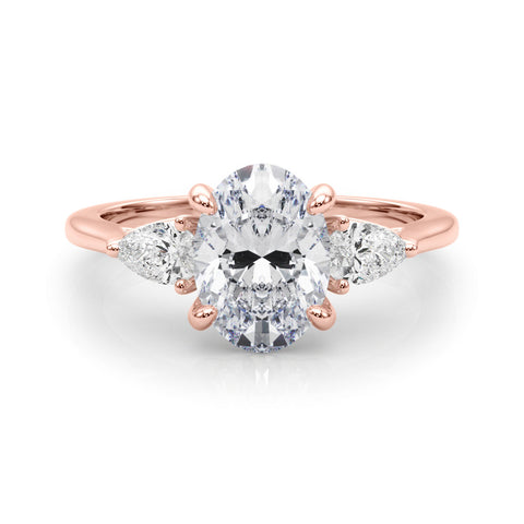 Rose gold Three-Stone Oval Diamond Solitaire Ring with Pear Side Stones and Four-Prong Setting