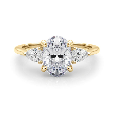 Yellow gold Three-Stone Oval Diamond Solitaire Ring with Pear Side Stones and Four-Prong Setting