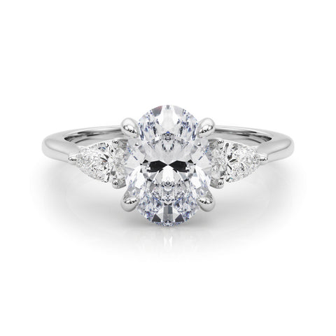 White gold Three-Stone Oval Diamond Solitaire Ring with Pear Side Stones and Four-Prong Setting