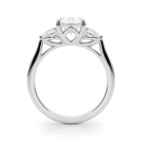 White gold Three-Stone Oval Diamond Solitaire Ring with Pear Side Stones and Four-Prong Setting