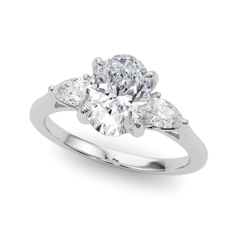 White gold Three-Stone Oval Diamond Solitaire Ring with Pear Side Stones and Four-Prong Setting