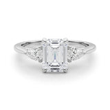 14K White Gold Three-Stone 2.01 Carat E VS1 Emerald Cut Diamond Ring with Pear Side Stones on a Platinum Band and Four-Prong Setting