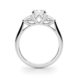 14K White Gold Three-Stone 2.01 Carat E VS1 Emerald Cut Diamond Ring with Pear Side Stones on a Platinum Band and Four-Prong Setting