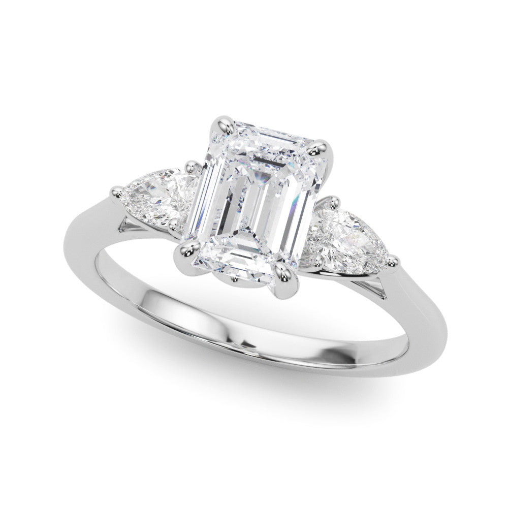 14K White Gold Three-Stone 2.01 Carat E VS1 Emerald Cut Diamond Ring with Pear Side Stones on a Platinum Band and Four-Prong Setting