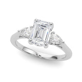 14K White Gold Three-Stone 2.01 Carat E VS1 Emerald Cut Diamond Ring with Pear Side Stones on a Platinum Band and Four-Prong Setting