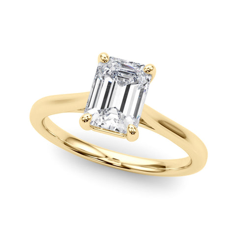 Yellow gold Emerald Cut Solitaire Ring with Cathedral Band and Four-Prong Setting