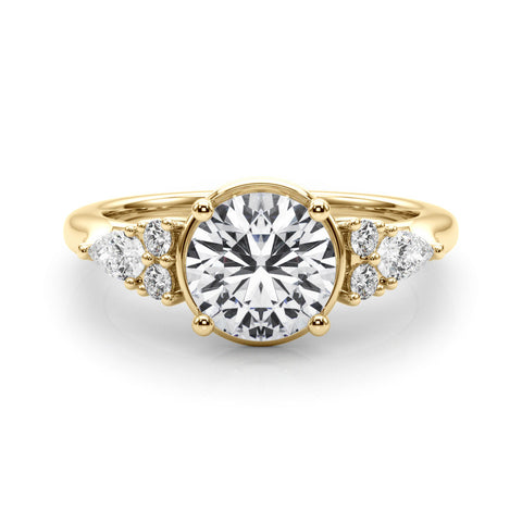 Yellow gold Round Brilliant Diamond Solitaire with Side Stones on a Tapered Band and Four-Prong Setting