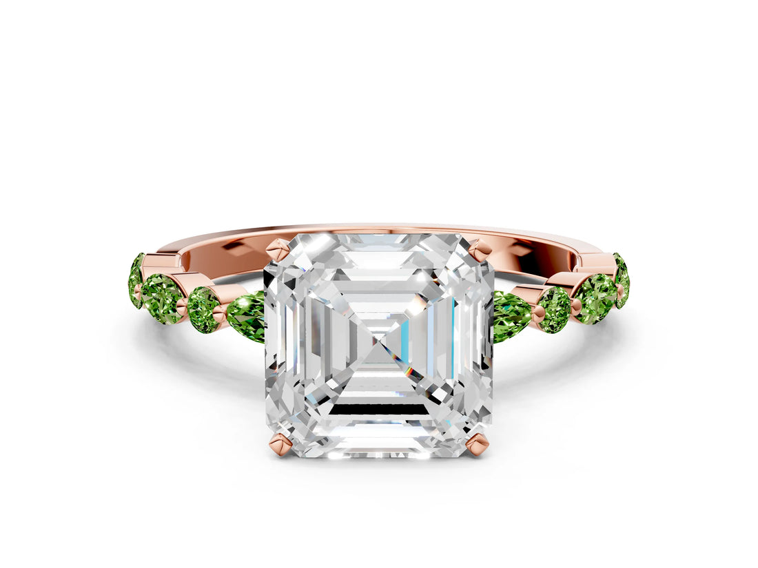 Dynamic Name Rose gold Asscher Cut Diamond Ring with Marquise and Round with Peridot side stone Side Stones and Four-Prong Setting