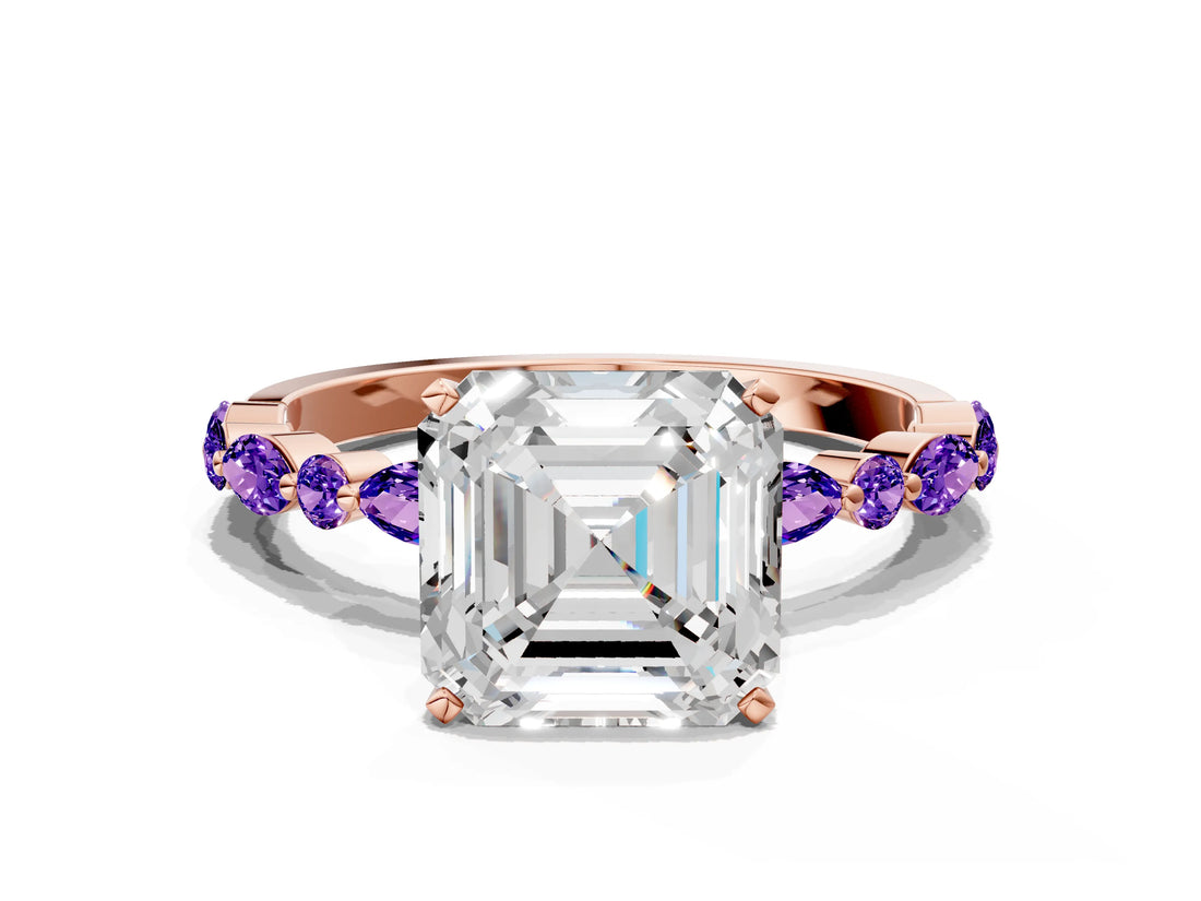 Dynamic Name Rose gold Asscher Cut Diamond Ring with Marquise and Round with Tanzanite side stone Side Stones and Four-Prong Setting