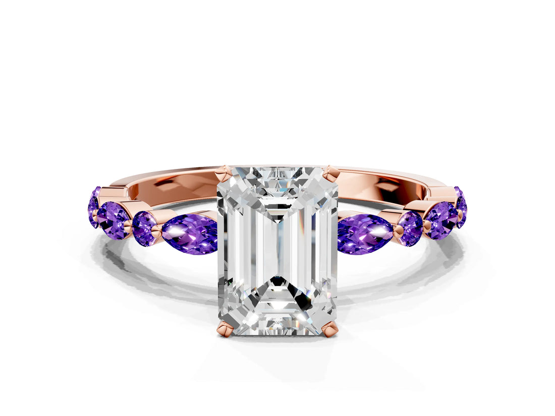 Dynamic Name Rose gold Emerald Cut Diamond Ring with Marquise and Round with Tanzanite side stone Side Stones and Four-Prong Setting