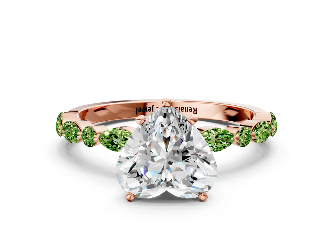 Dynamic Name Rose gold Heart Cut Diamond Ring with Marquise and Round with Peridot side stone Side Stones and Four-Prong Setting