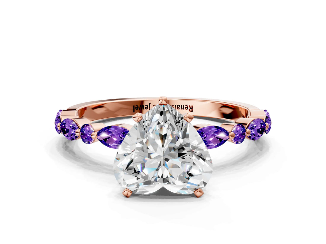 Dynamic Name Rose gold Heart Cut Diamond Ring with Marquise and Round with Tanzanite side stone Side Stones and Four-Prong Setting