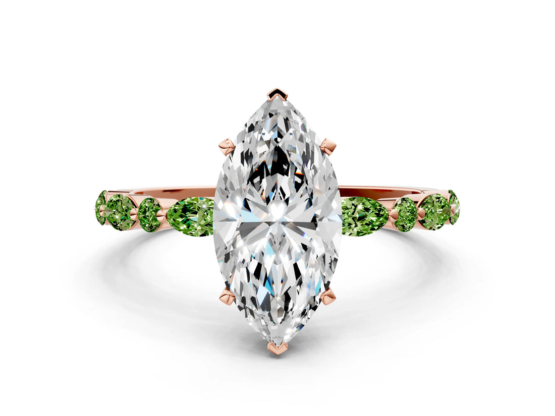 Dynamic Name Rose gold Marquise Cut Diamond Ring with Marquise and Round with Peridot side stone Side Stones and Four-Prong Setting