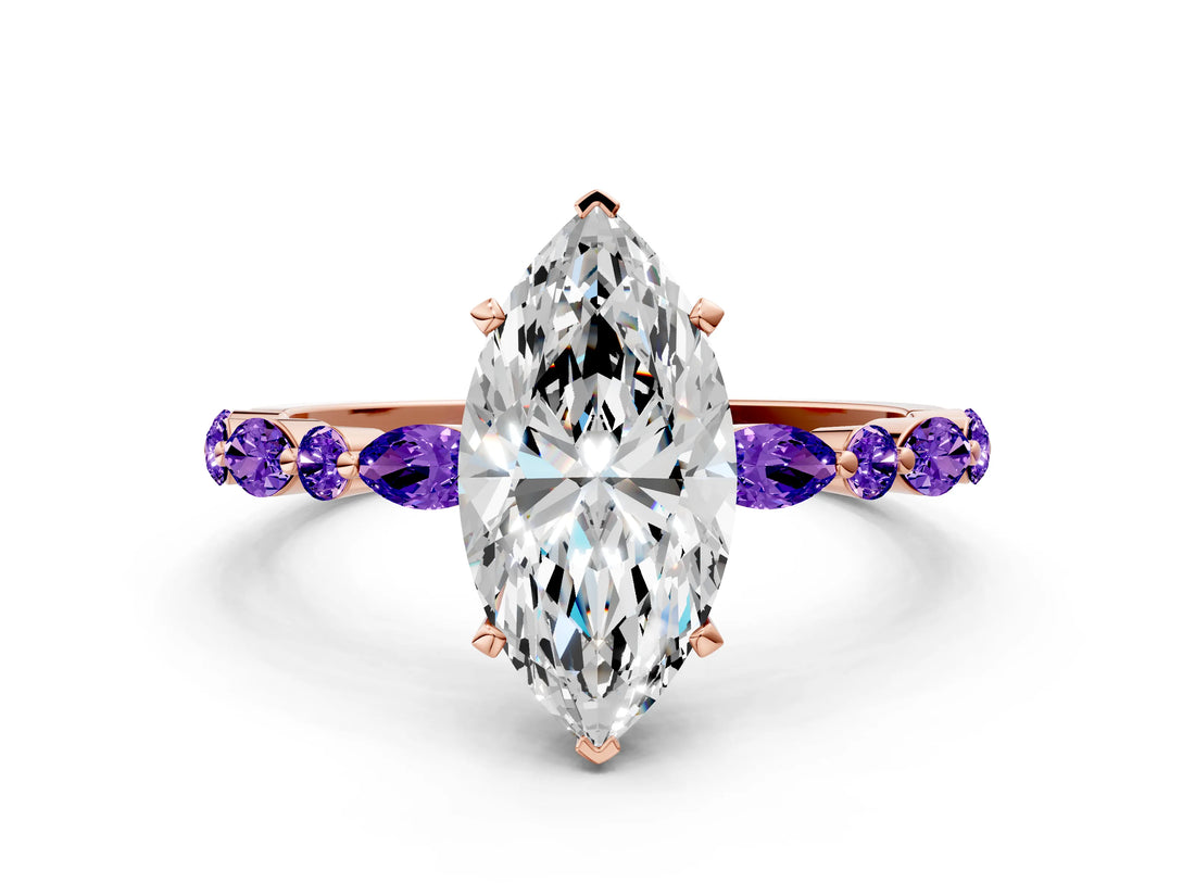 Dynamic Name Rose gold Marquise Cut Diamond Ring with Marquise and Round with Tanzanite side stone Side Stones and Four-Prong Setting