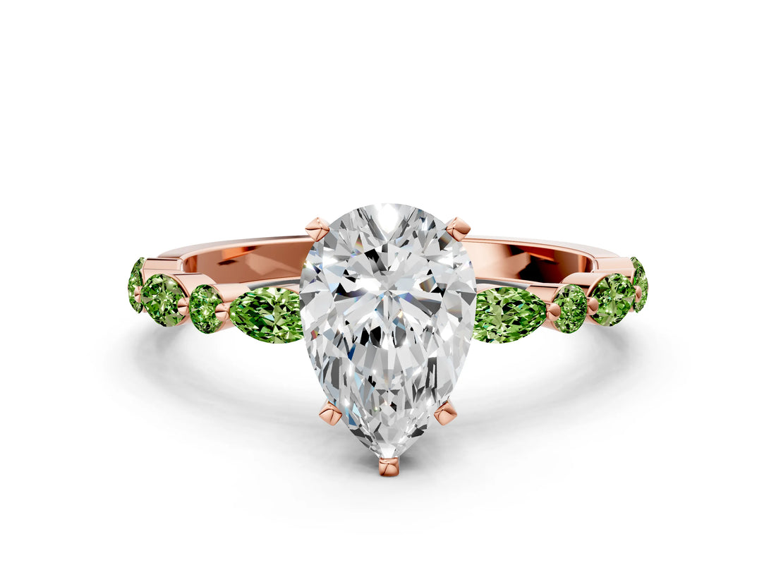 Dynamic Name Rose gold Pear Cut Diamond Ring with Marquise and Round with Peridot side stone Side Stones and Four-Prong Setting