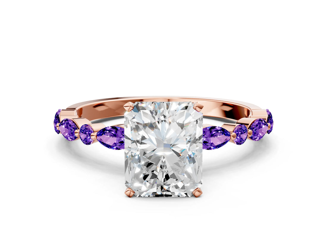Dynamic Name Rose gold Radiant Cut Diamond Ring with Marquise and Round with Tanzanite side stone Side Stones and Four-Prong Setting