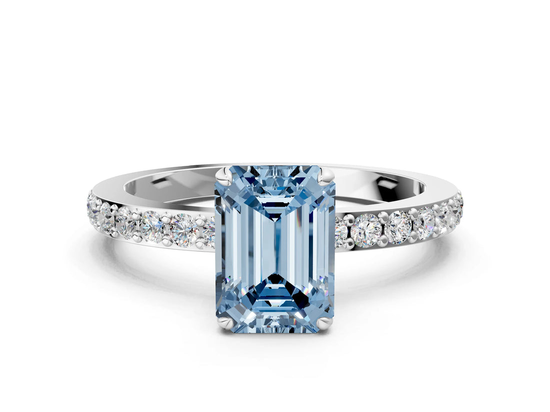 Dynamic Name White gold Fancy Blue Emerald Cut Diamond Solitaire Ring with Round  Pavé Band and Prong Setting_74