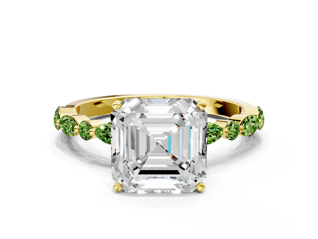 Dynamic Name Yellow gold Asscher Cut Diamond Ring with Marquise and Round with Peridot side stone Side Stones and Four-Prong Setting