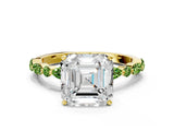 Dynamic Name Yellow gold Asscher Cut Diamond Ring with Marquise and Round with Peridot side stone Side Stones and Four-Prong Setting