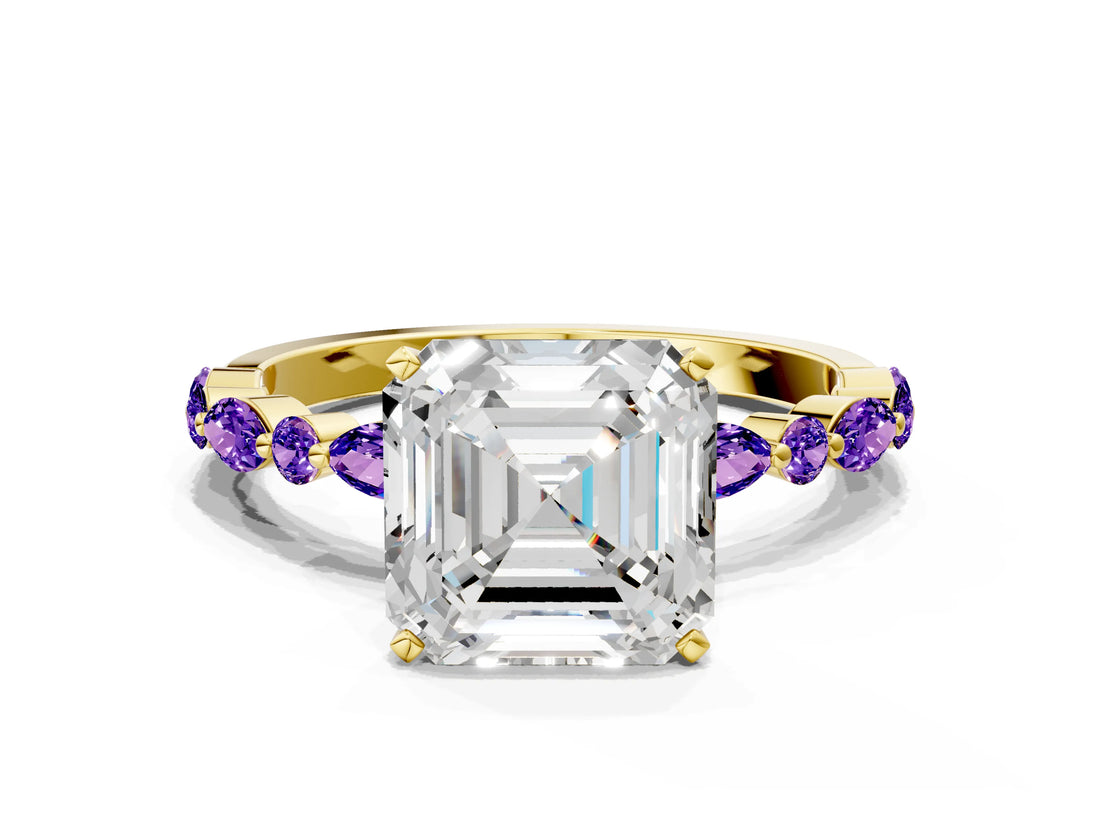 Dynamic Name Yellow gold Asscher Cut Diamond Ring with Marquise and Round with Tanzanite side stone Side Stones and Four-Prong Setting