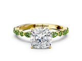 Dynamic Name Yellow gold Cushion Cut Diamond Ring with Marquise and Round with Peridot side stone Side Stones and Four-Prong Setting