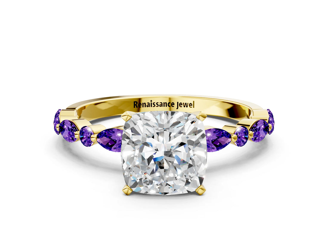 Dynamic Name Yellow gold Cushion Cut Diamond Ring with Marquise and Round with Tanzanite side stone Side Stones and Four-Prong Setting