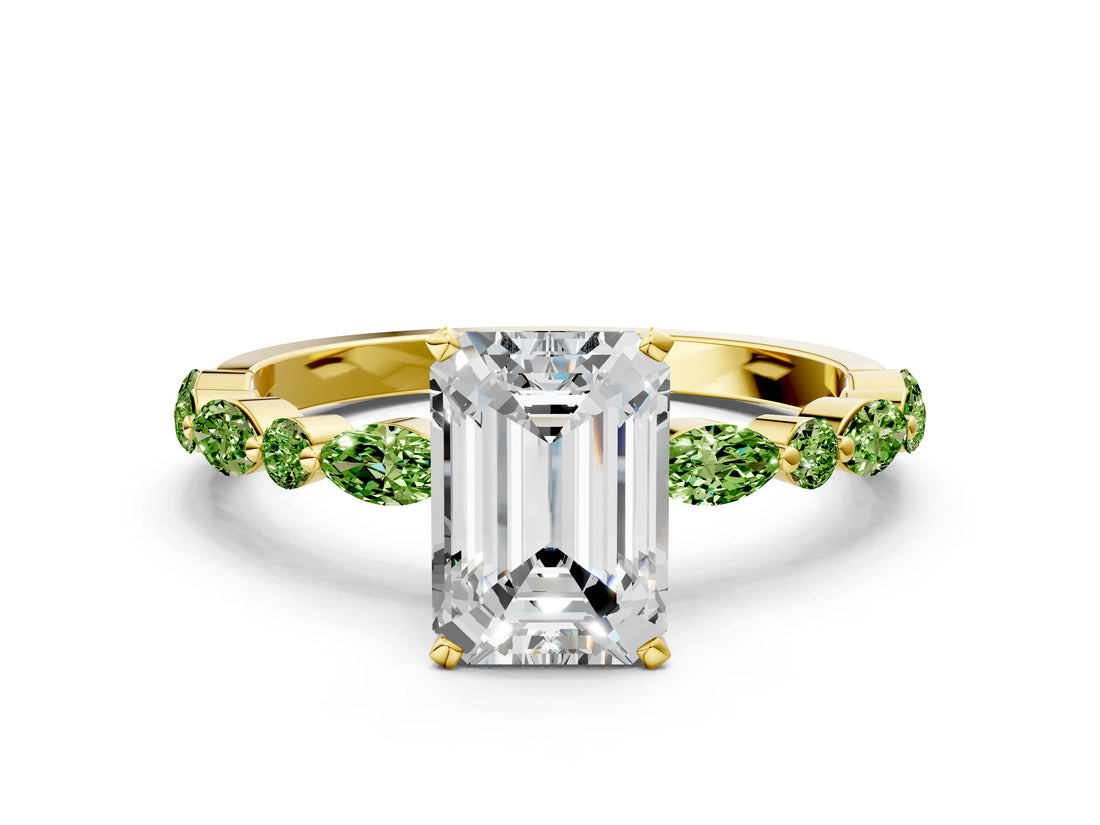 Dynamic Name Yellow gold Emerald Cut Diamond Ring with Marquise and Round with Peridot side stone Side Stones and Four-Prong Setting