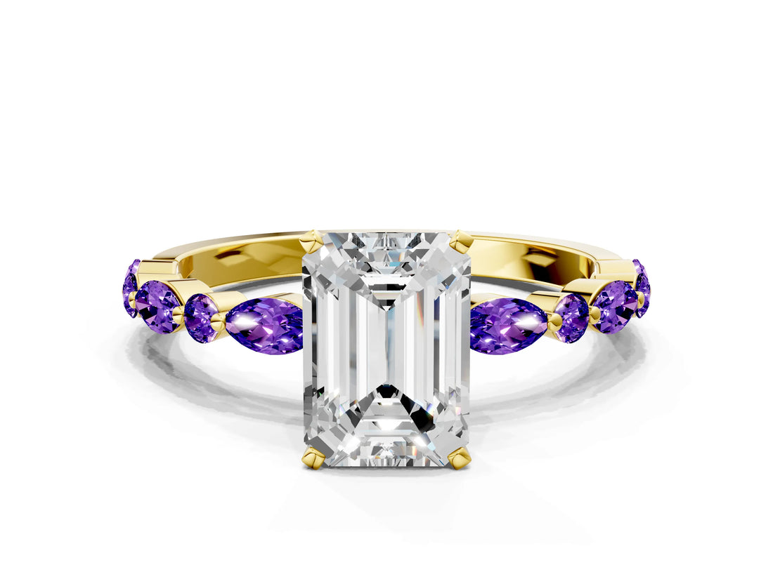 Dynamic Name Yellow gold Emerald Cut Diamond Ring with Marquise and Round with Tanzanite side stone Side Stones and Four-Prong Setting