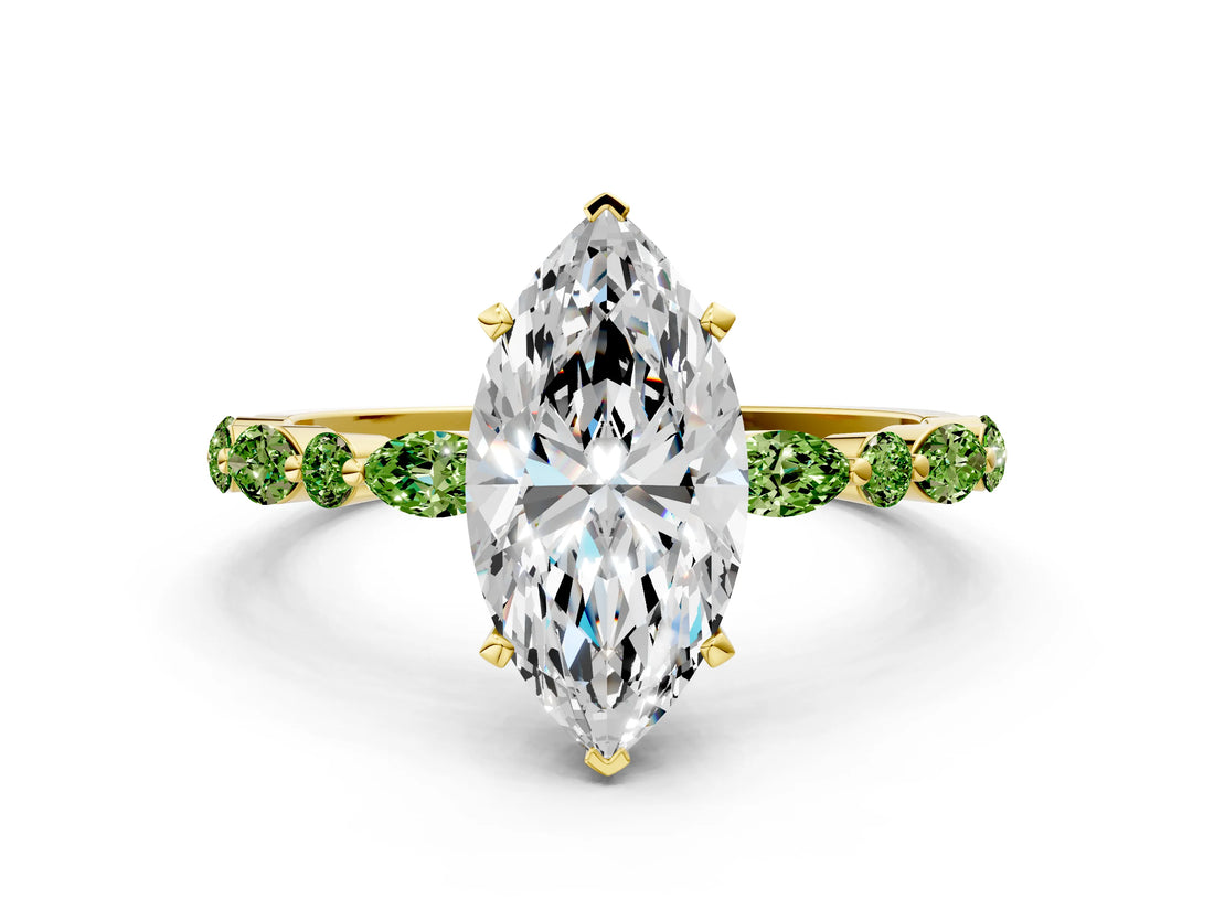 Dynamic Name Yellow gold Marquise Cut Diamond Ring with Marquise and Round with Peridot side stone Side Stones and Four-Prong Setting