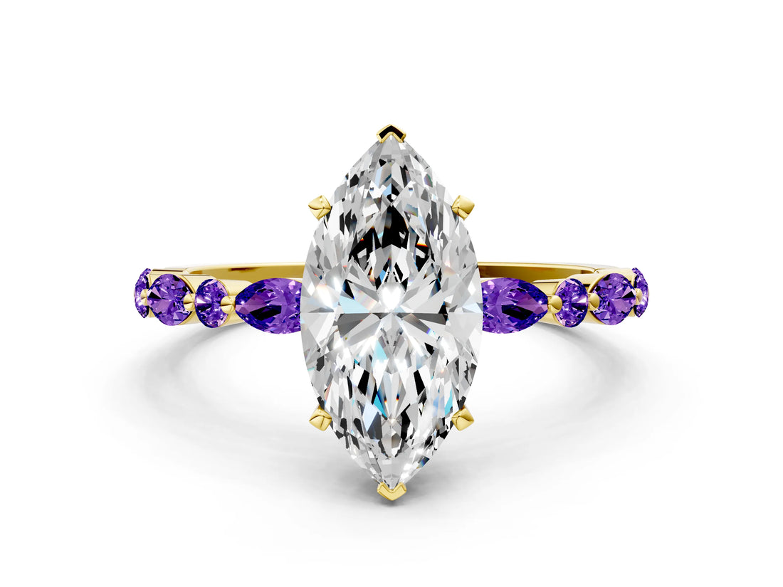 Dynamic Name Yellow gold Marquise Cut Diamond Ring with Marquise and Round with Tanzanite side stone Side Stones and Four-Prong Setting