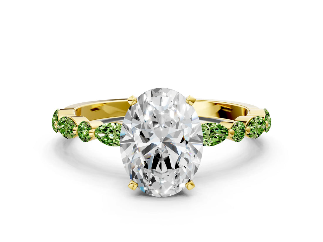 Dynamic Name Yellow gold Oval Cut Diamond Ring with Marquise and Round with Peridot side stone Side Stones and Four-Prong Setting