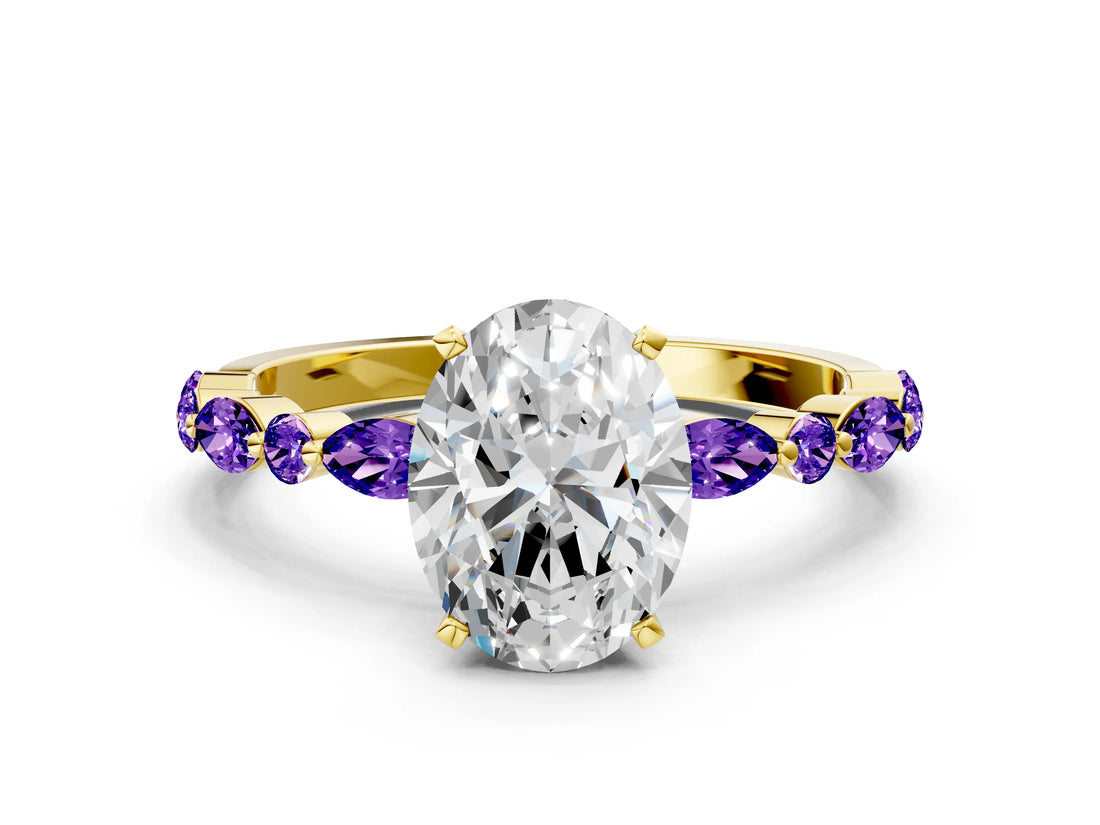 Dynamic Name Yellow gold Oval Cut Diamond Ring with Marquise and Round with Tanzanite side stone Side Stones and Four-Prong Setting