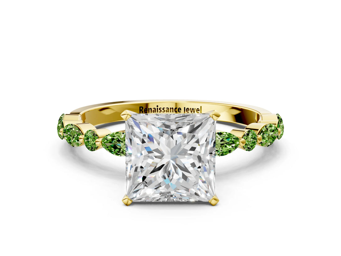 Dynamic Name Yellow gold Princess Cut Diamond Ring with Marquise and Round with Peridot side stone Side Stones and Four-Prong Setting