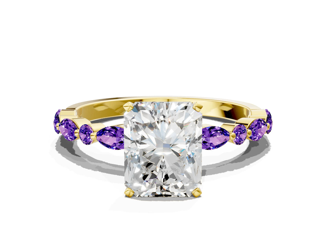 Dynamic Name Yellow gold Radiant Cut Diamond Ring with Marquise and Round with Tanzanite side stone Side Stones and Four-Prong Setting