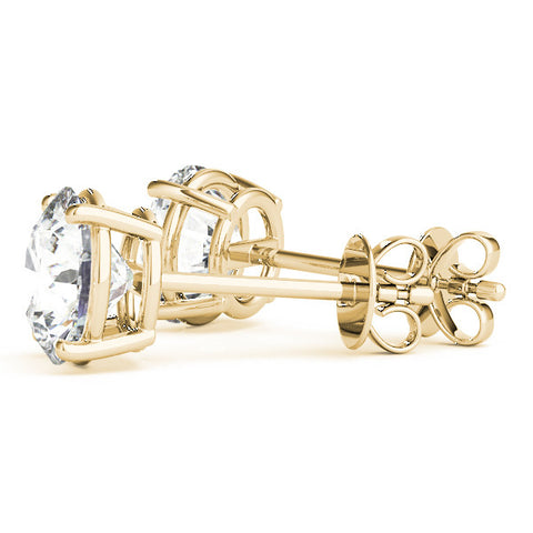 Yellow gold Round Brilliant Diamond Stud Earrings with Four-Prong Basket Setting and Post Back
