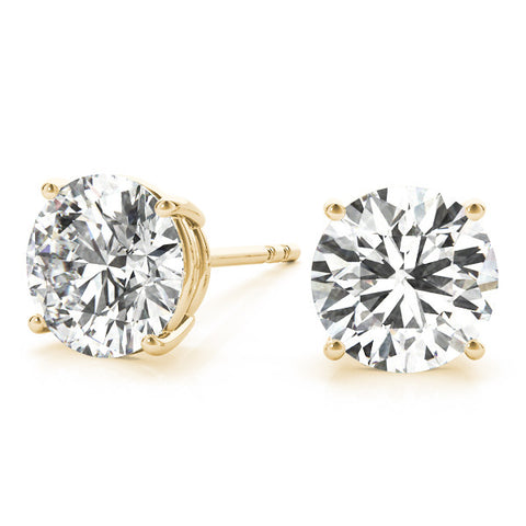 Yellow gold Round Brilliant Diamond Stud Earrings with Four-Prong Basket Setting and Post Back