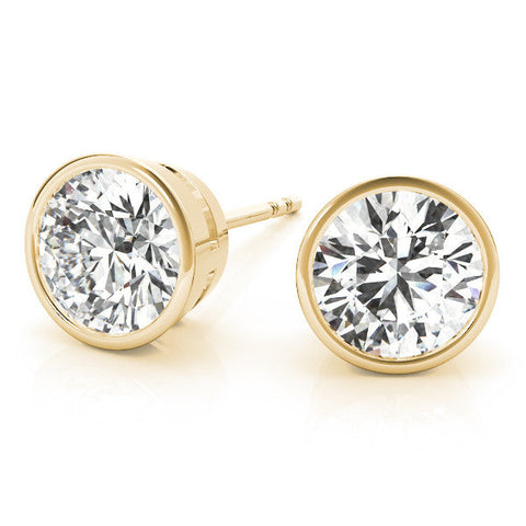 18K Yellow Gold Bezel Set Round Diamond Stud Earrings