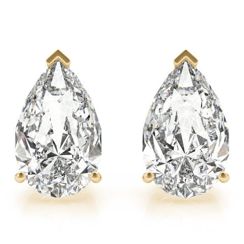 Yellow gold Pear Shaped Diamond Stud Earrings with Prong Setting on White Gold