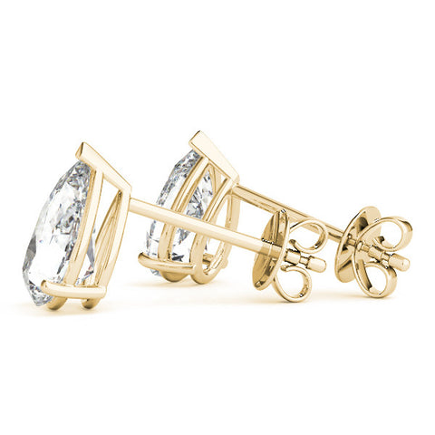 Yellow gold Pear Shaped Diamond Stud Earrings with Prong Setting on White Gold