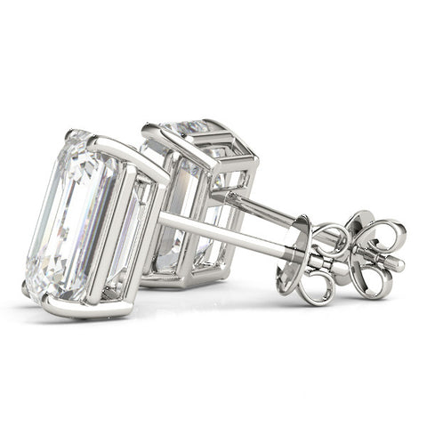 White gold Emerald Cut Diamond Stud Earrings with Four-Prong White Gold Setting