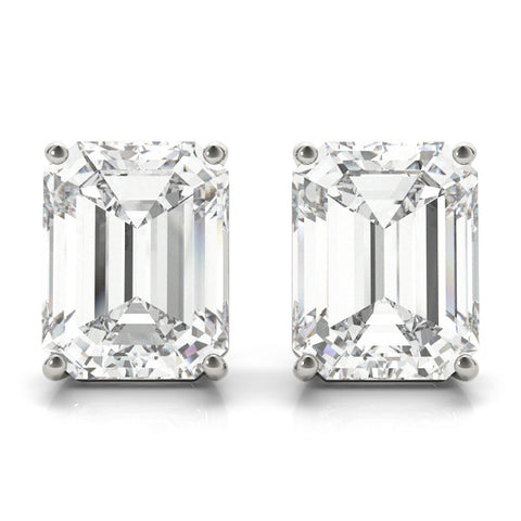 White gold Emerald Cut Diamond Stud Earrings with Four-Prong White Gold Setting
